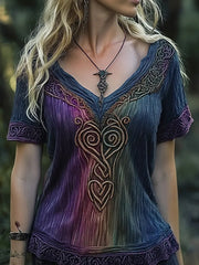 Frauen Viking Celtic Knoten Stickerei Gradient Kunst Vintage Leinen T-Shirt