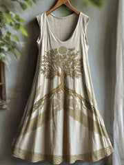 Damen Vintage Wikinger Baum des Lebens Steigung Leinen kleid