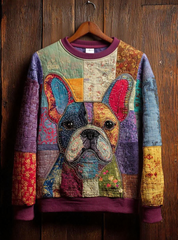 Damen Vintage Patchwork Hund Kunstdruck Casual Sweatshirt