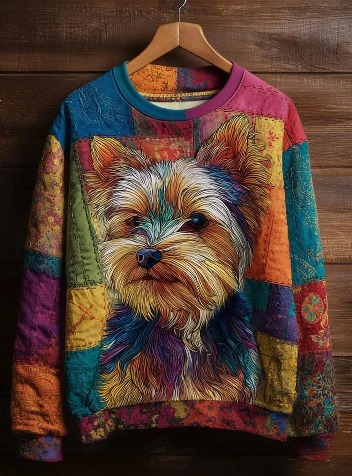 Damen Vintage Patchwork Hund Kunstdruck Casual Sweatshirt