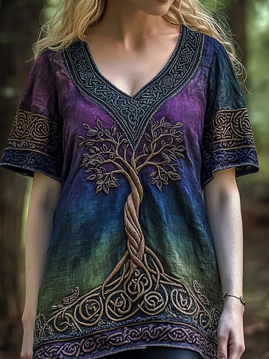 Damen Vintage Wikinger Baum des Lebens Ombre Stickerei Kunst Frauen Leinen T-Shirt