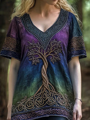 Damen Vintage Wikinger Baum des Lebens Ombre Stickerei Kunst Frauen Leinen T-Shirt