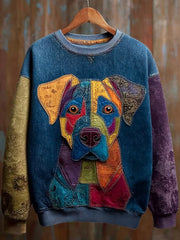 Damen Vintage Patchwork Hund Kunstdruck Casual Sweatshirt