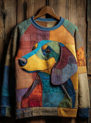 Damen Vintage Patchwork Hund Kunstdruck Casual Sweatshirt