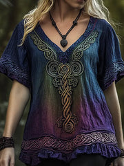 Frauen Vintage Viking Keltischer Knoten Ombre Kunst Leinen T-Shirt