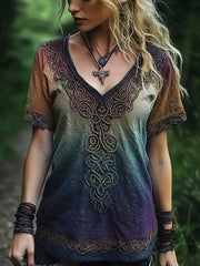 Frauen Viking Celtic Knoten Stickerei Ombre Kunst Vintage Leinen T-Shirt