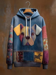 Vintage Patchwork Hunde druck Kunst Casual Hoodie