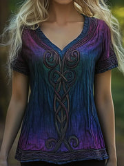 Frauen Vintage Viking Keltischer Knoten Ombre Stickerei Kunst Leinen T-Shirt