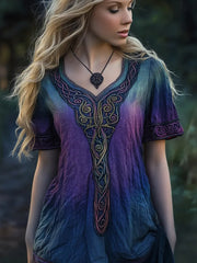 Frauen Vintage Viking Keltischer Knoten Ombre Stickerei Kunst Leinen T-Shirt