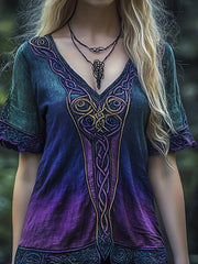 Frauen Vintage Viking Keltischer Knoten Ombre Stickerei Kunst Leinen T-Shirt