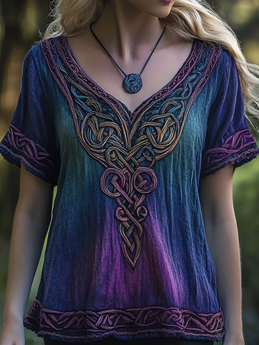 Frauen Vintage Viking Keltischer Knoten Ombre Stickerei Kunst Leinen T-Shirt