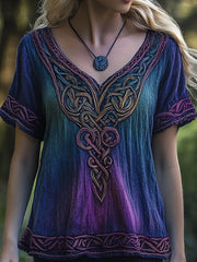 Frauen Vintage Viking Keltischer Knoten Ombre Stickerei Kunst Leinen T-Shirt