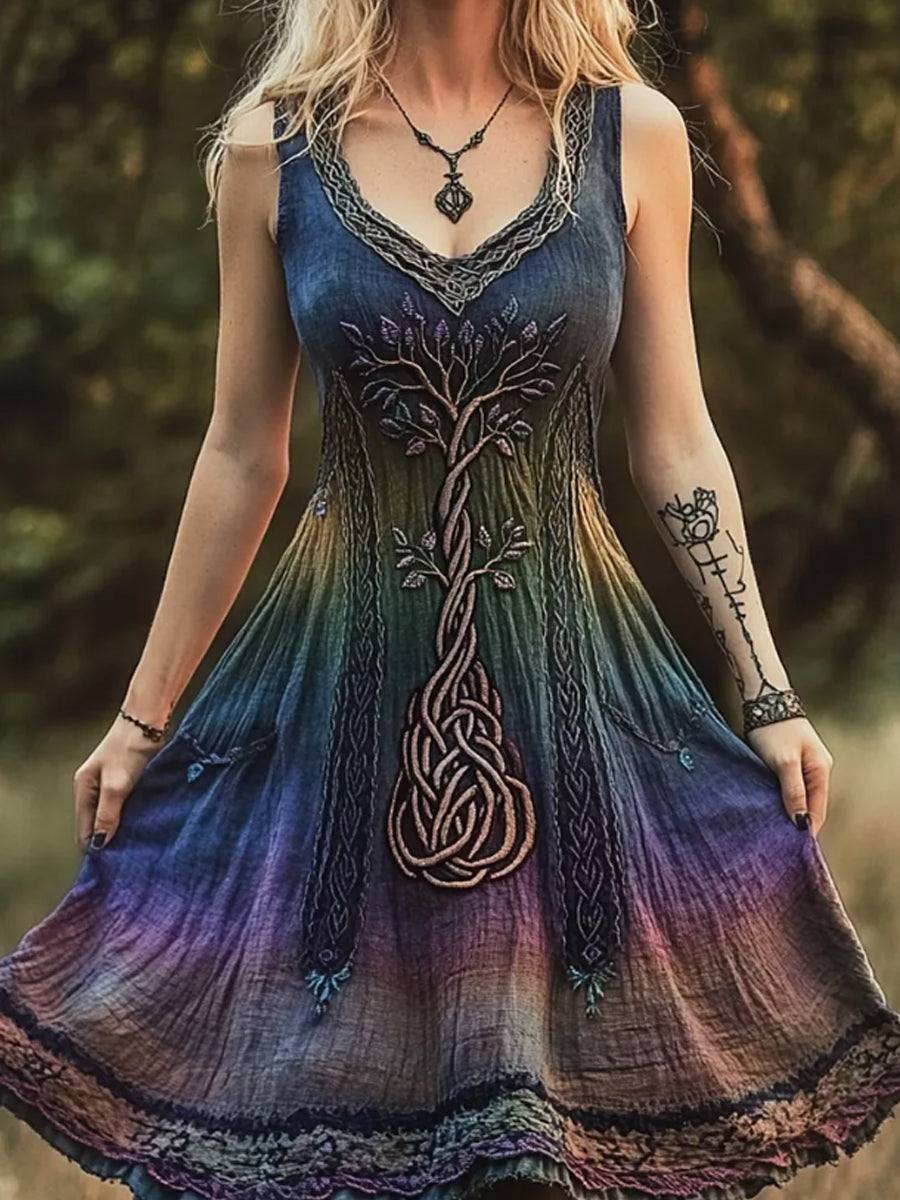 Damen Vintage Wikinger Baum des Lebens Gradient Kunst Leinen Taille Kurzes Midi-Kleid