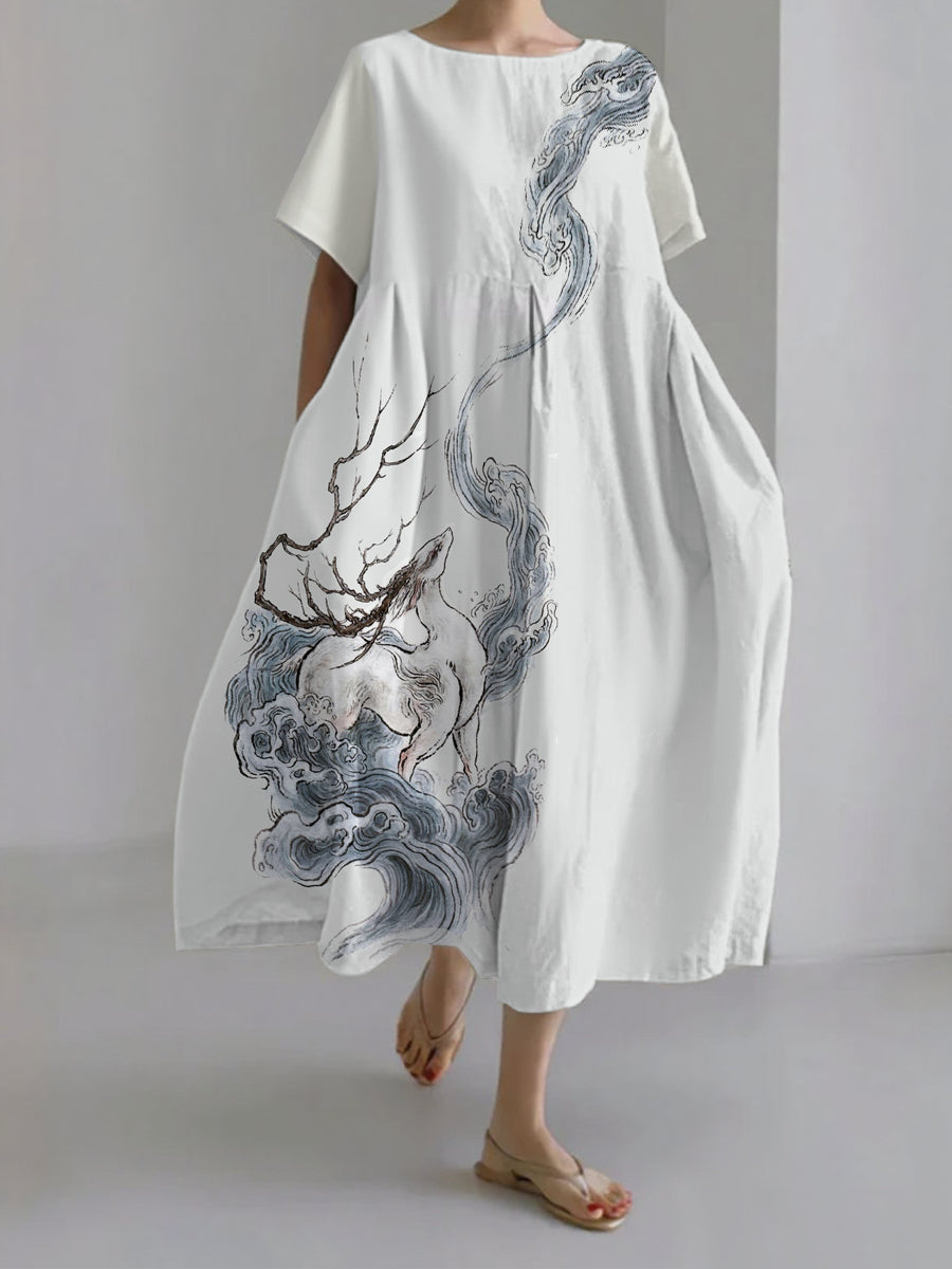 Damen japanische Kunst lässige Kurzarm kleider