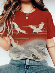Kurzärmliges T-Shirt für Damen japanischer Kunst kran