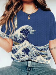 Kurzärmliges T-Shirt mit japanischen Kunst wellen für Damen