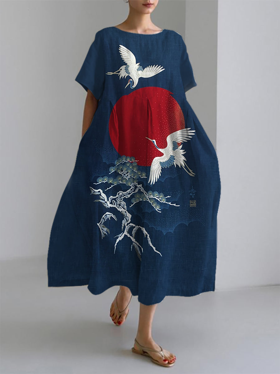 Kurzarm kleider für Damen Japanische Kunst kran