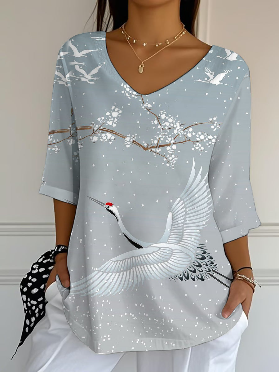 Crop Quarter Ärmel Top für Damen Japanische Kunst kran druck