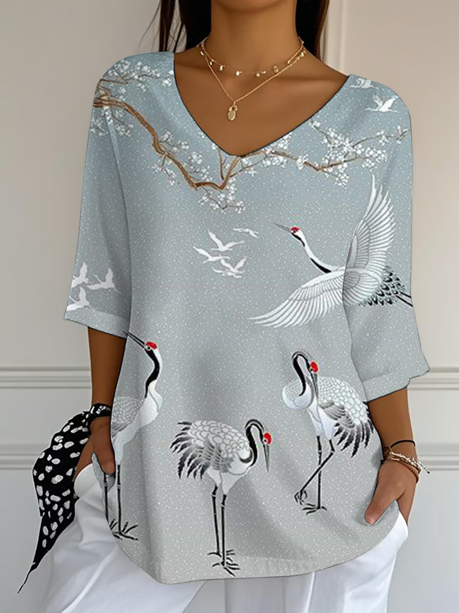 Crop Quarter Ärmel Top für Damen Japanische Kunst kran druck