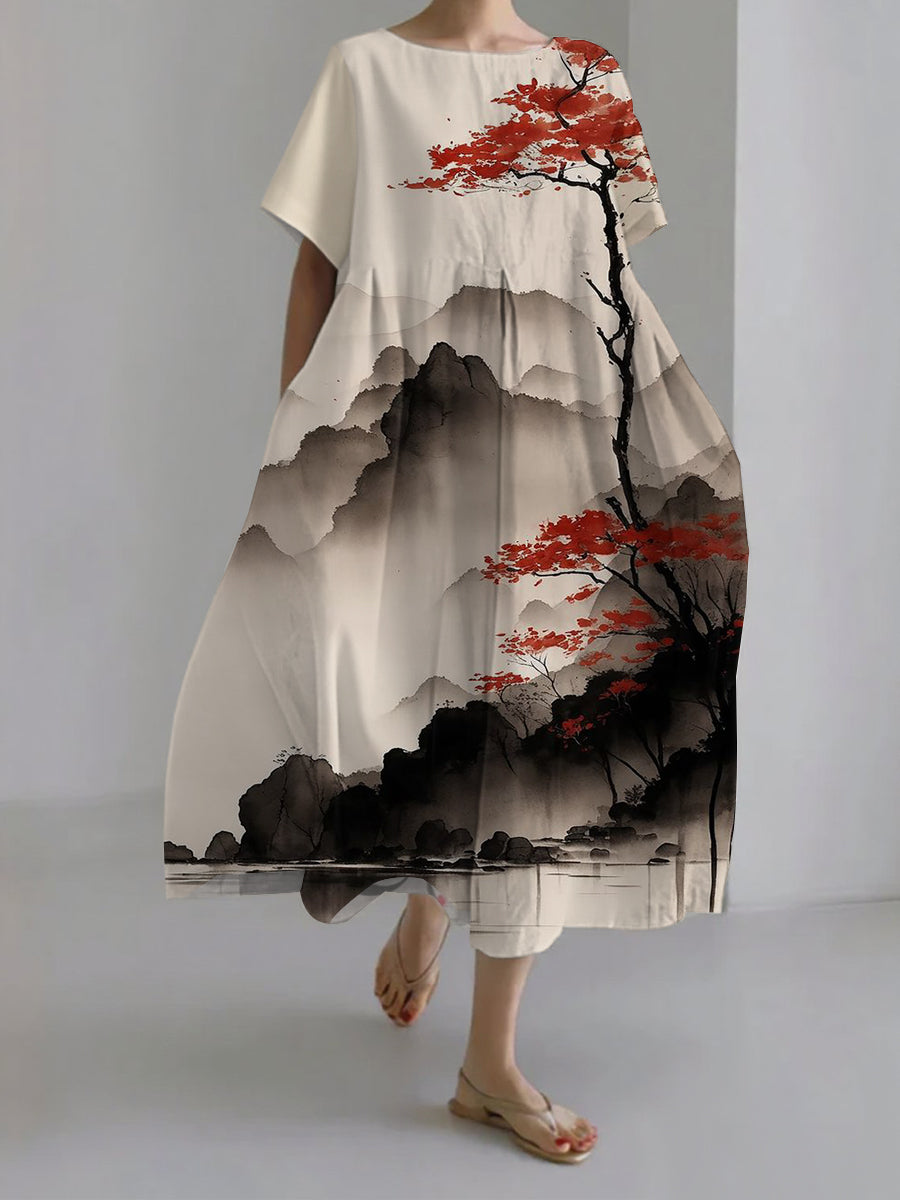 Damen japanische Kunst lässige Kurzarm kleider