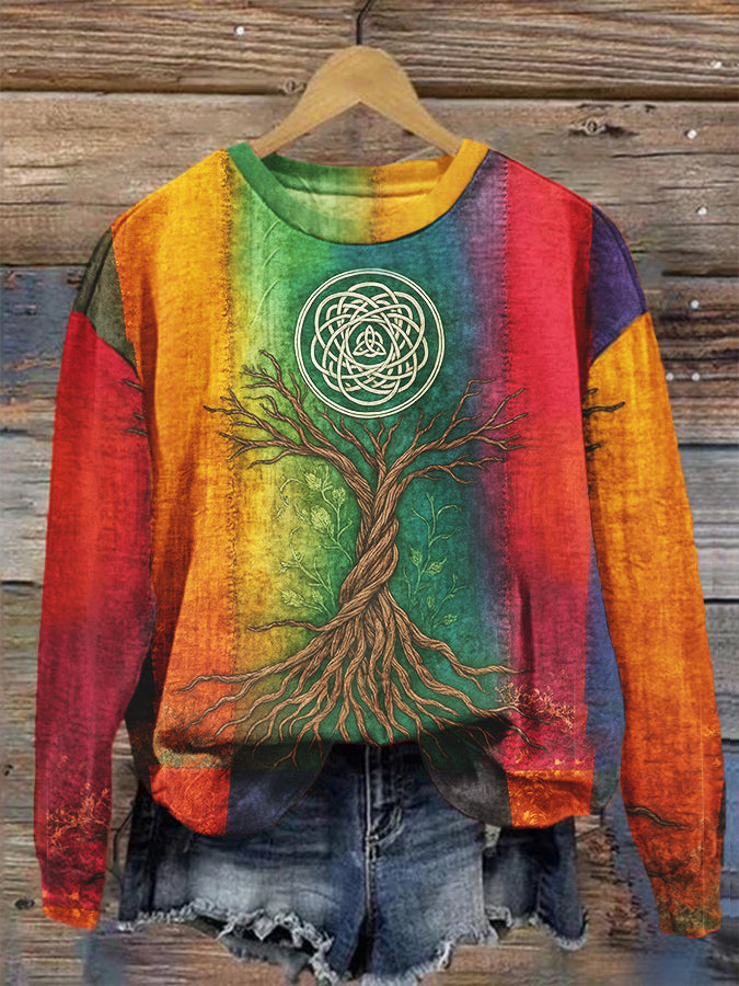 Frauen Vintage Leben des Baumes keltisches mehrfarbiges Stammes-Kunst bequemes Langarm-Top