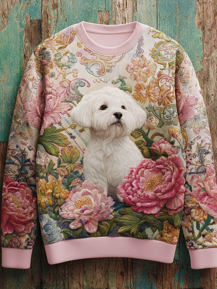 Damen Vintage Hund Kunstdruck Casual Sweatshirt