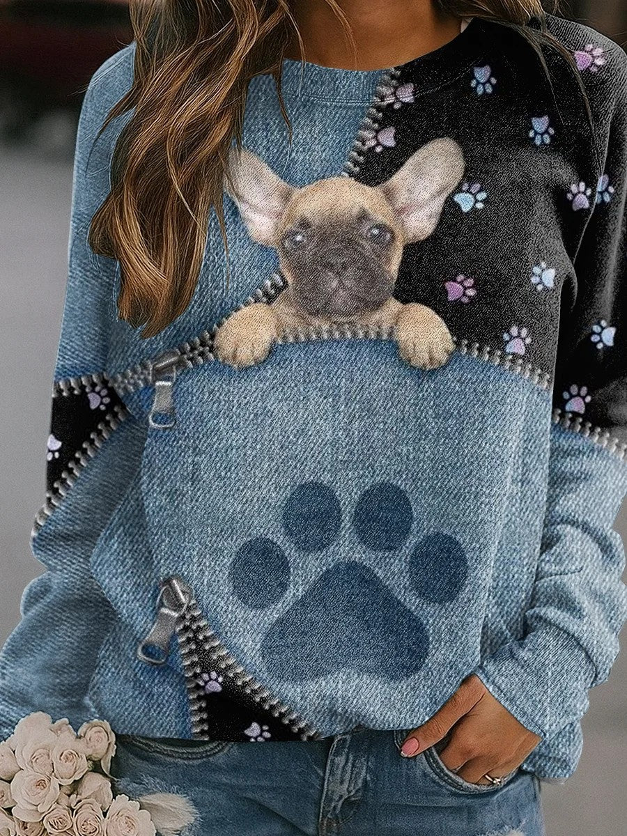 Damen-Jeans-Hunde-Print lässig Sweatshirt