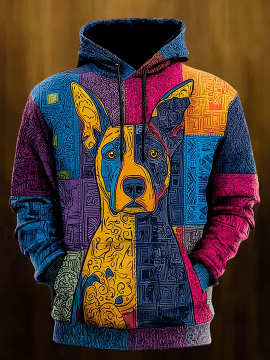 Vintage Patchwork Hunde druck Kunst Casual Hoodie