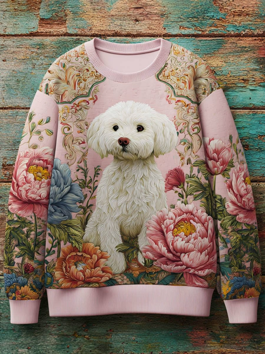 Damen Vintage Hund Kunstdruck Casual Sweatshirt