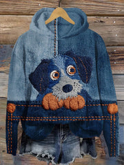 Damen-Hunde-Kunst-Denim-Print Lässiger Langarm-Hoodie