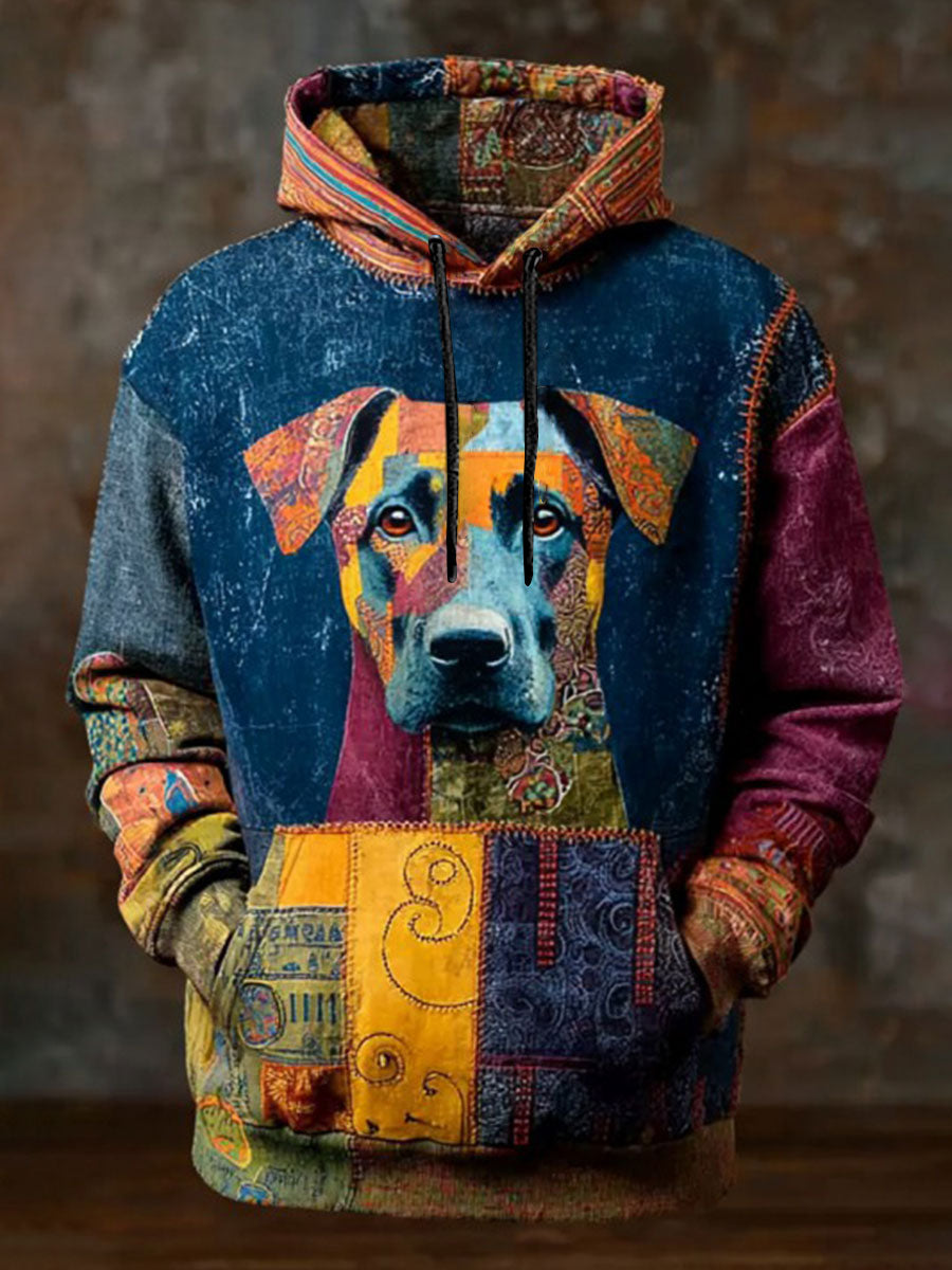 Vintage Patchwork Hunde druck Kunst Casual Hoodie