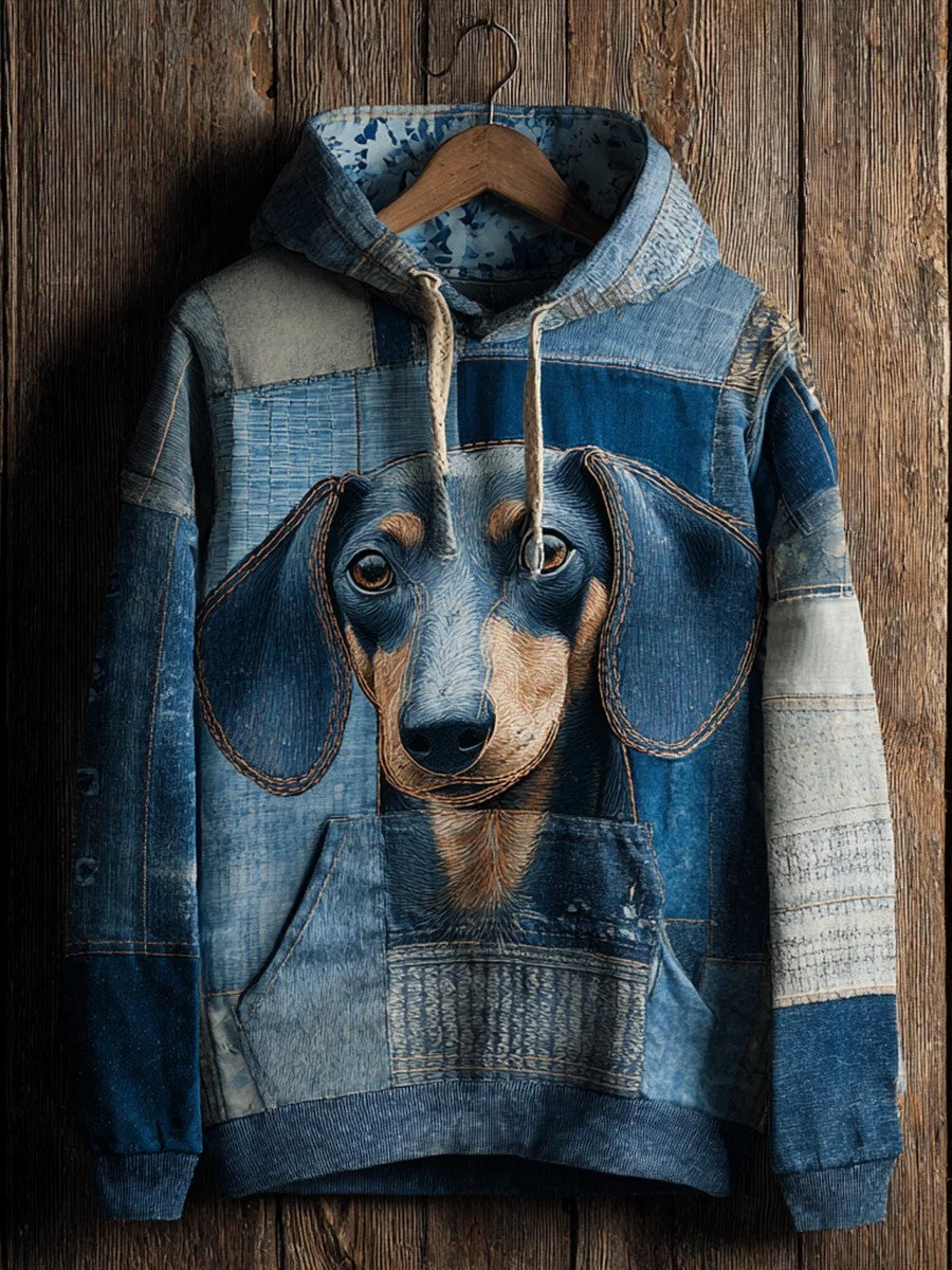 Denim Dog Print Kunst Casual Hoodie