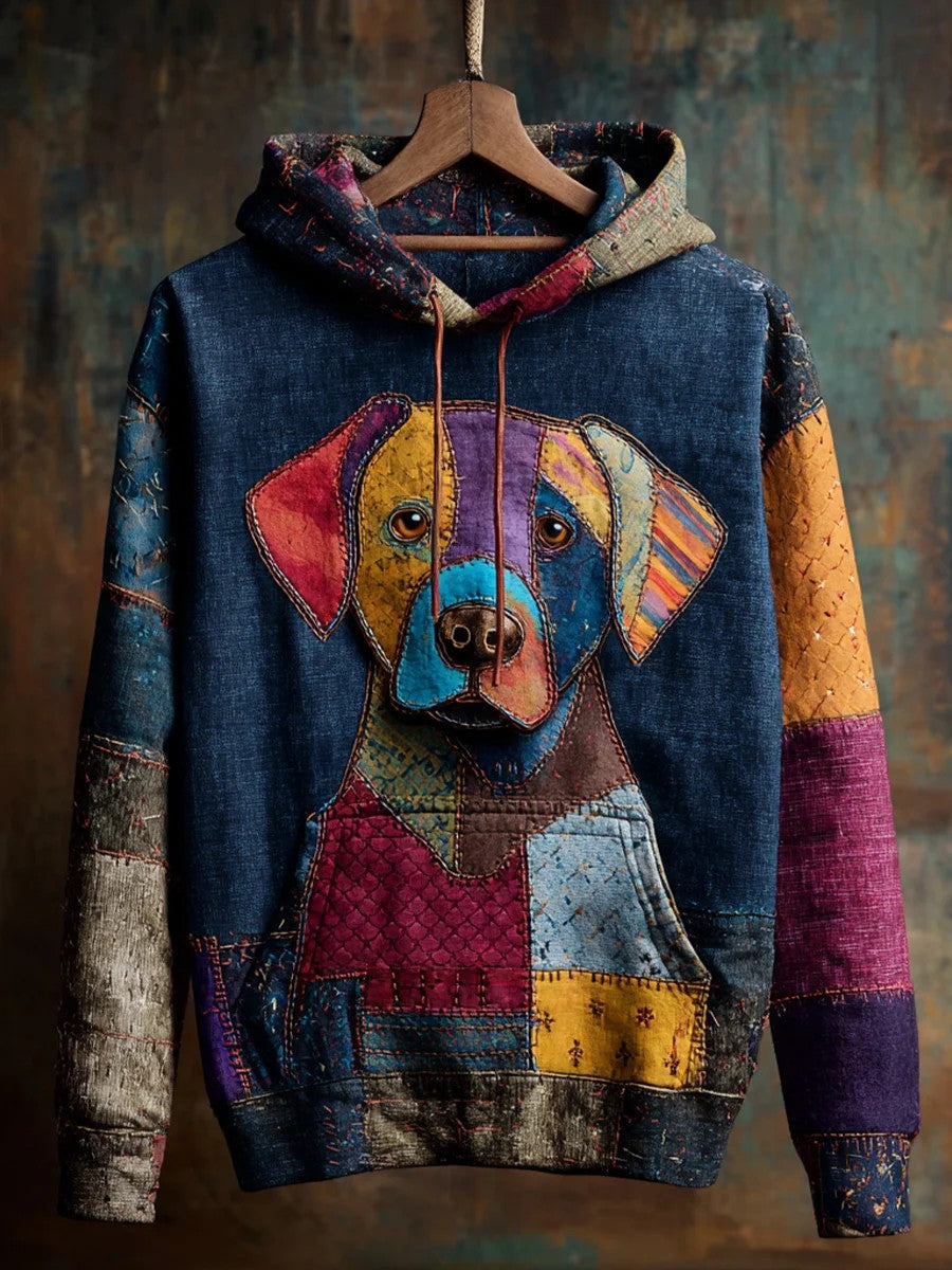 Vintage Patchwork Hunde druck Kunst Casual Hoodie