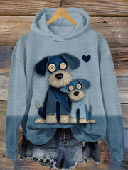 Damen Denim Dog Print Casual Hoodie