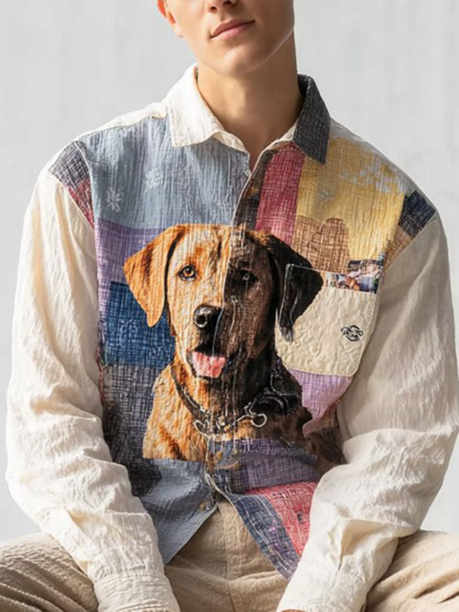 Herren Vintage Patchwork Hunde druck Kunst Freizeit hemd