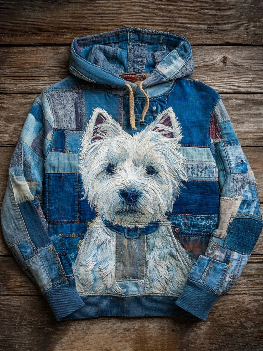 Denim Dog Print Kunst Casual Hoodie