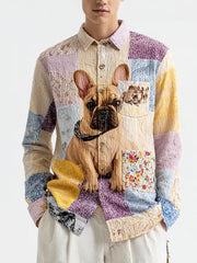 Herren Vintage Patchwork Hunde druck Kunst Freizeit hemd