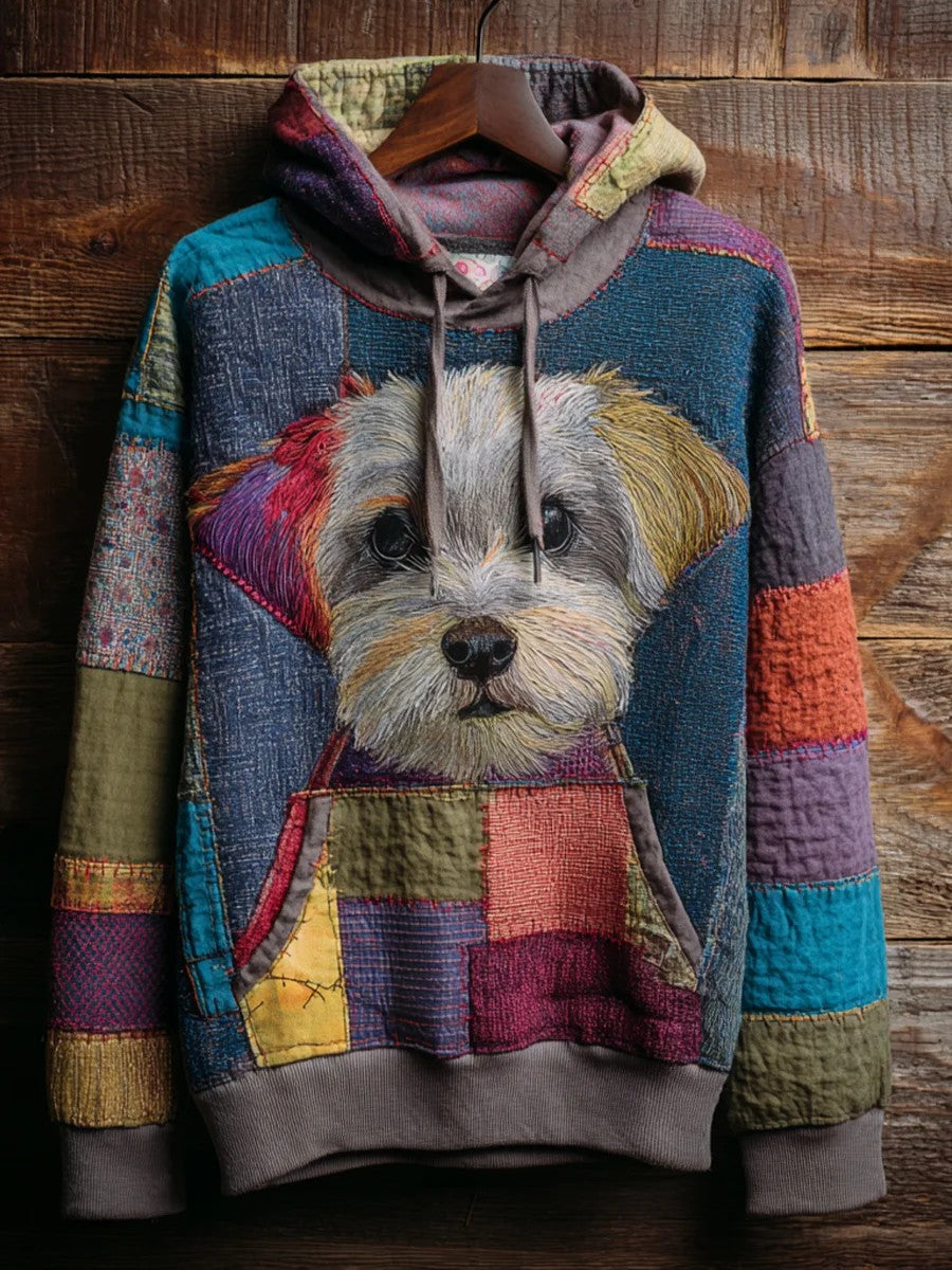 Vintage Patchwork Hunde druck Kunst Casual Hoodie