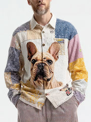 Herren Vintage Patchwork Hunde druck Kunst Freizeit hemd