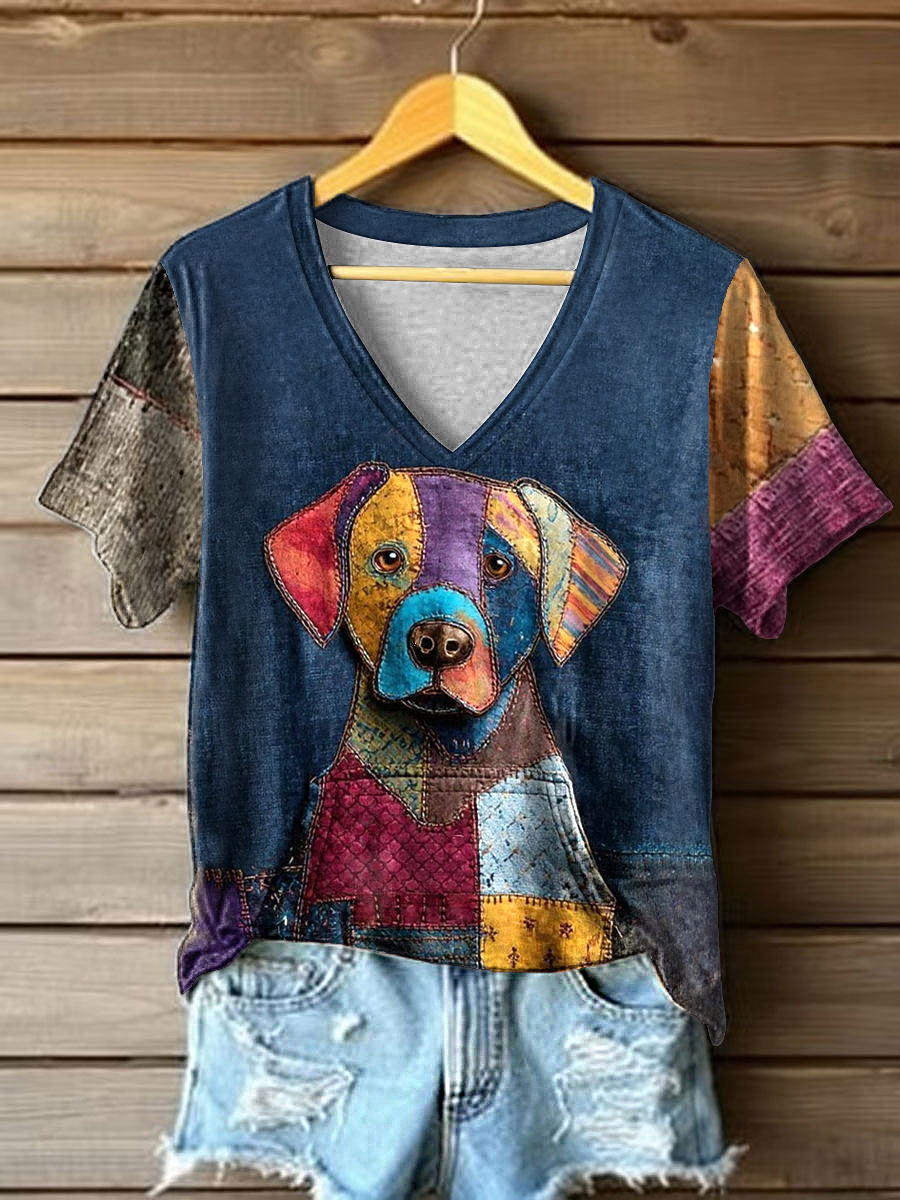 Damen Vintage Patchwork Hund bedrucktes T-Shirt