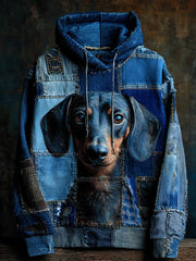 Denim Dog Print Kunst Casual Hoodie