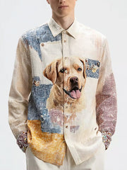 Herren Vintage Patchwork Hunde druck Kunst Freizeit hemd