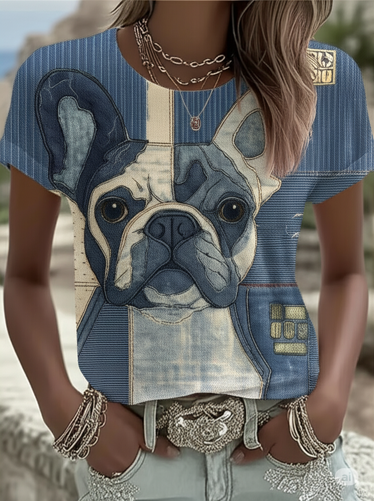 Damen-Jeans-Patchwork-Hund bedrucktes T-Shirt