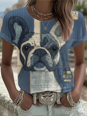 Damen-Jeans-Patchwork-Hund bedrucktes T-Shirt