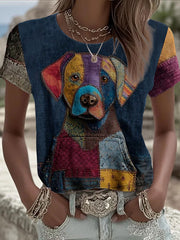 Damen Vintage Patchwork Hund bedrucktes T-Shirt