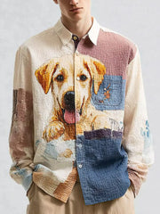 Herren Vintage Patchwork Hunde druck Kunst Freizeit hemd