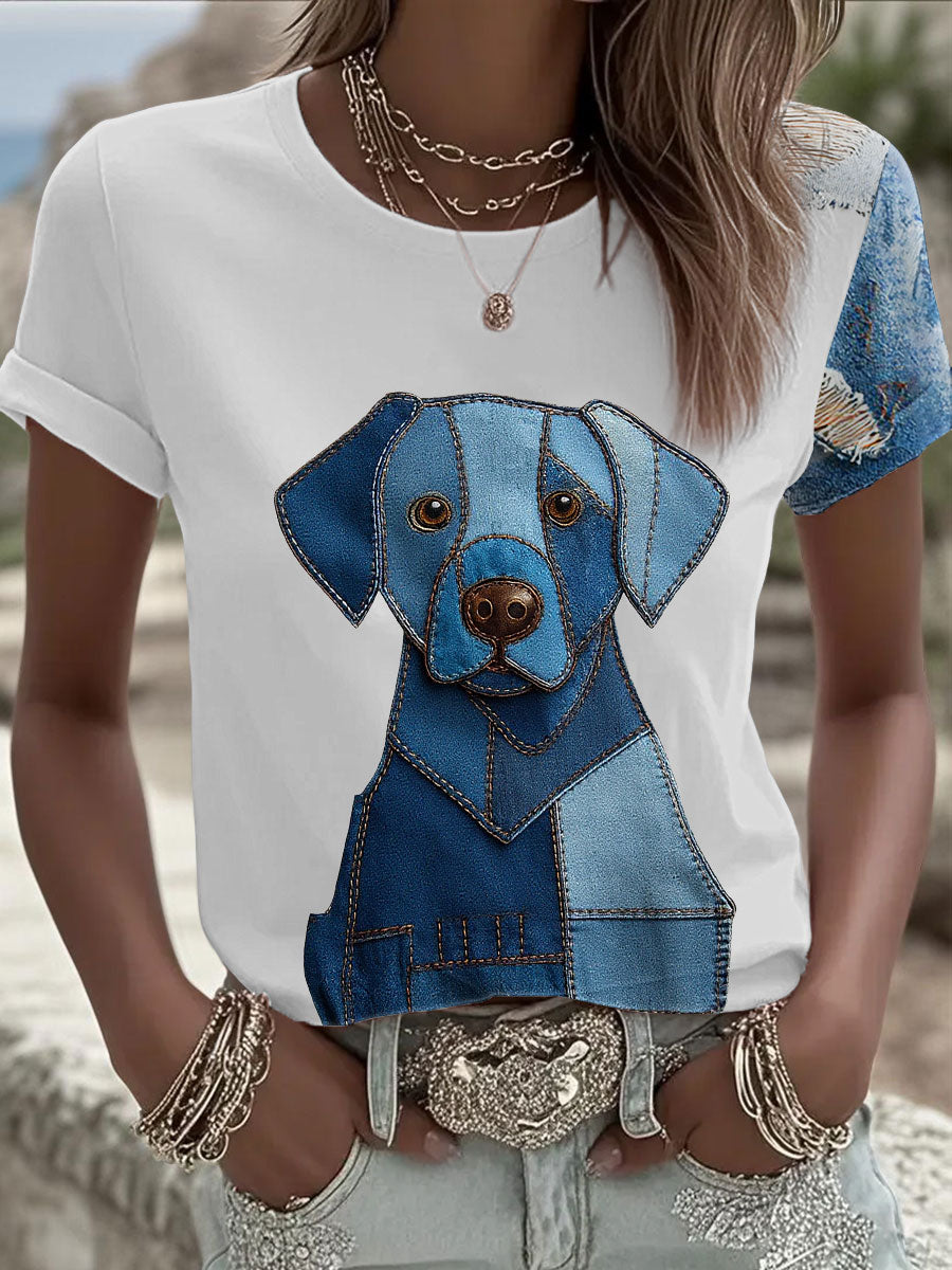 Damen-Jeans-Hund bedrucktes T-Shirt