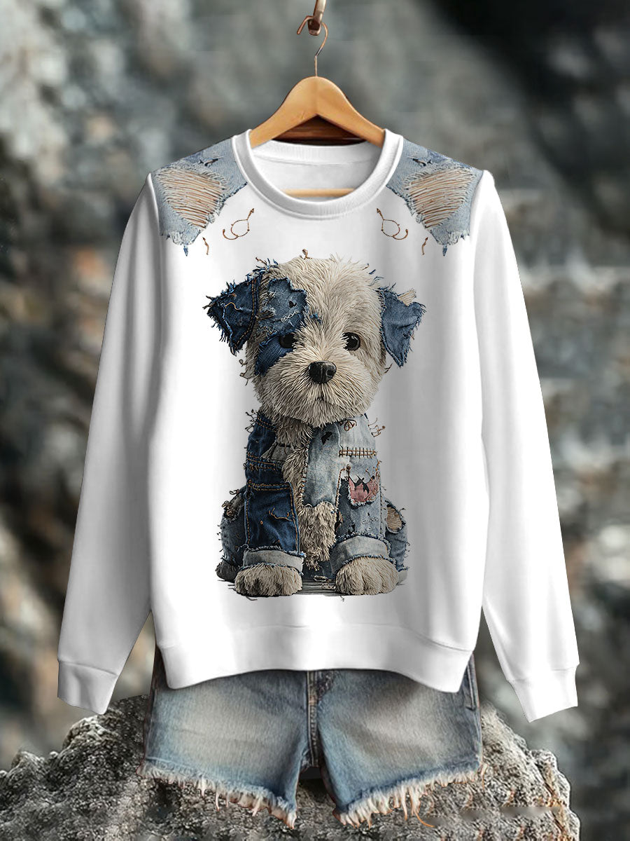 Damen-Jeans-Hunde-Print lässig Sweatshirt