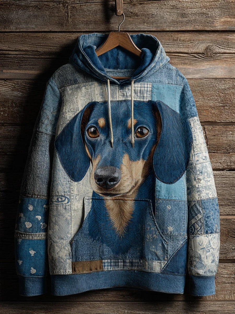 Denim Dog Print Kunst Casual Hoodie