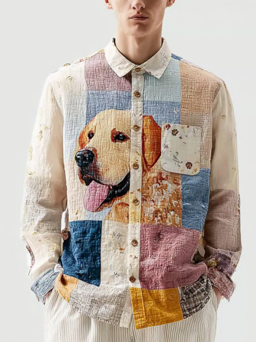 Herren Vintage Patchwork Hunde druck Kunst Freizeit hemd